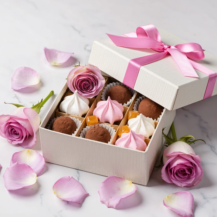 علبة هدايا مع حلويات وورود طبيعية